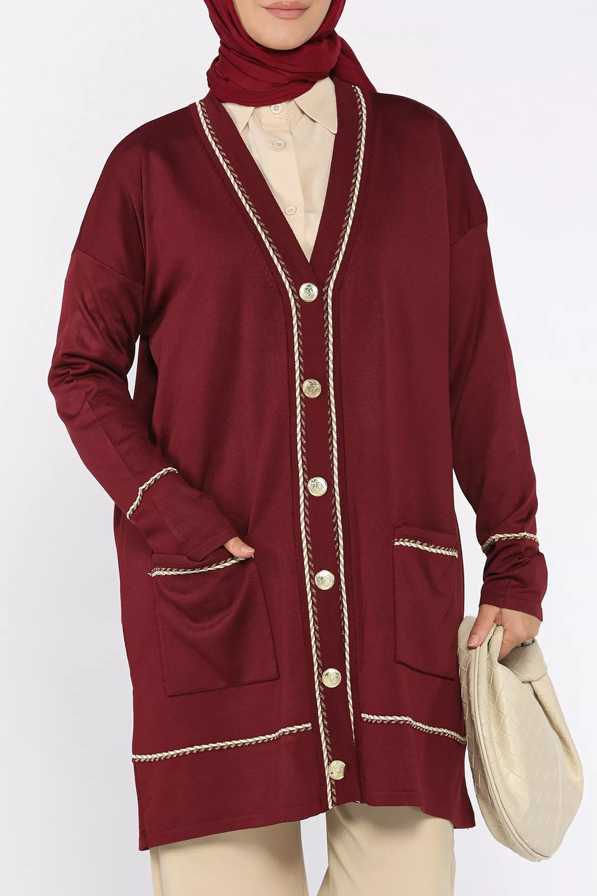 Cepli Düğme Detaylı Tesettür Triko Hırka