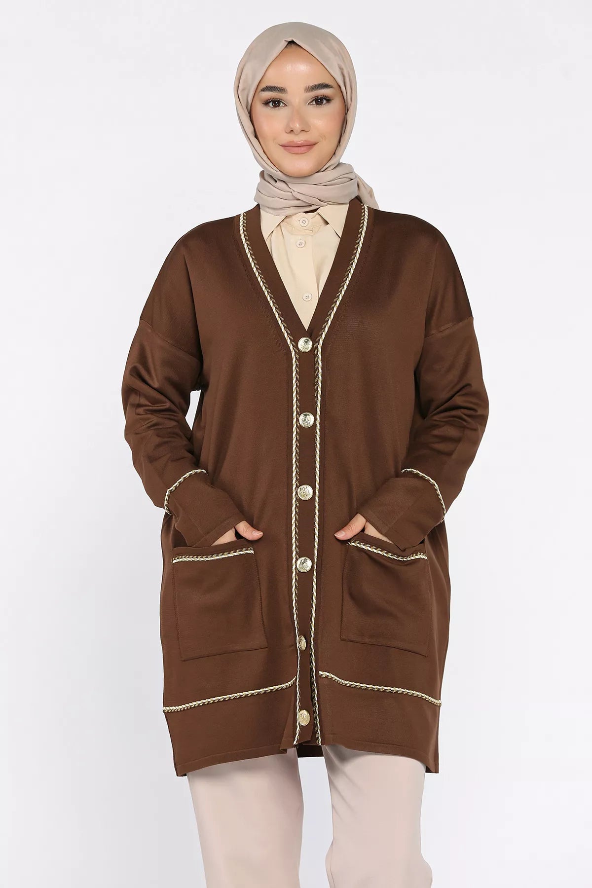 Cepli Düğme Detaylı Tesettür Triko Hırka