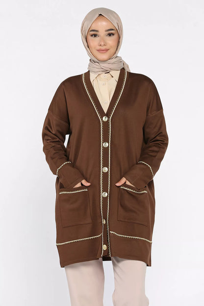 Cepli Düğme Detaylı Tesettür Triko Hırka