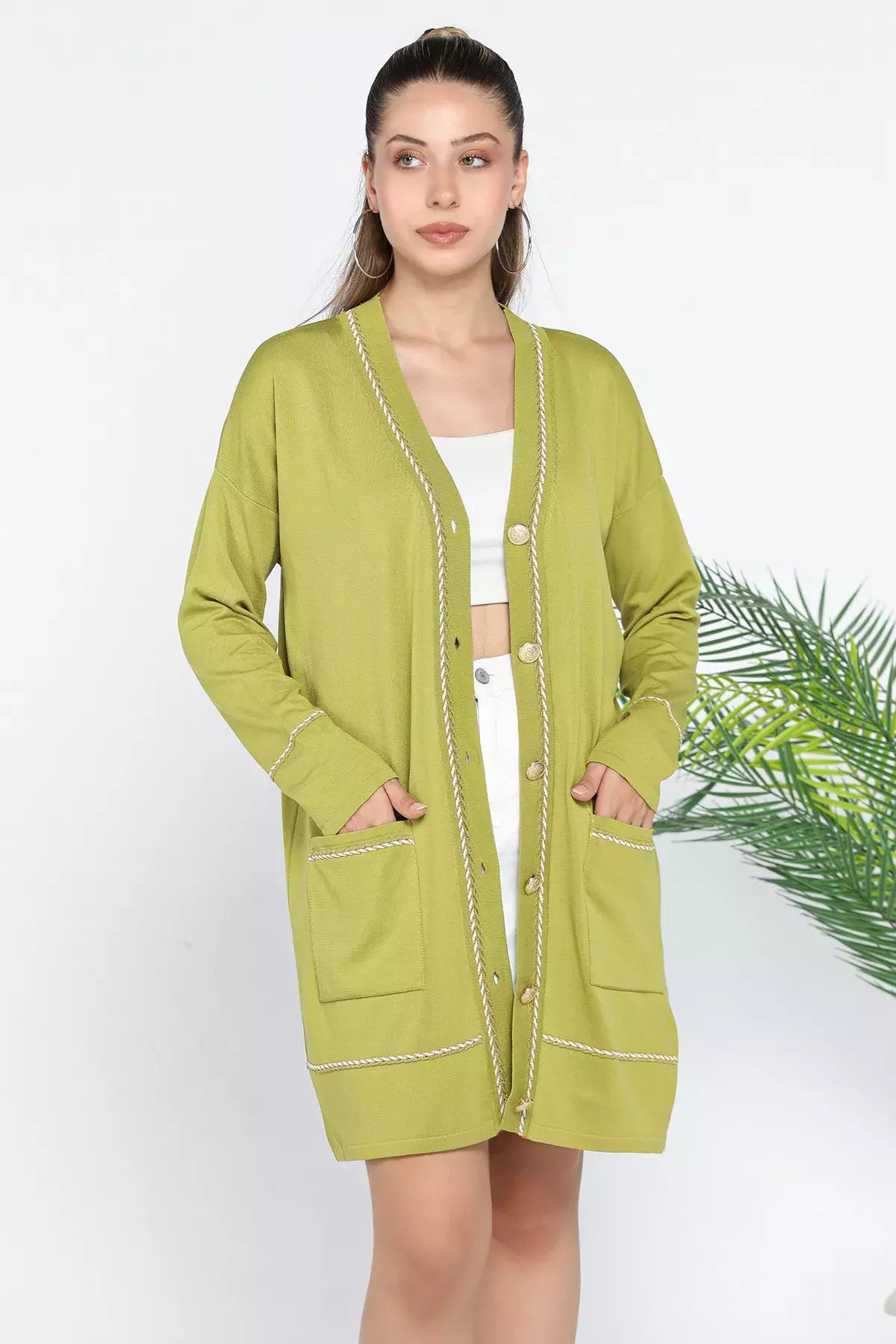 Cepli Düğme Detaylı Tesettür Triko Hırka