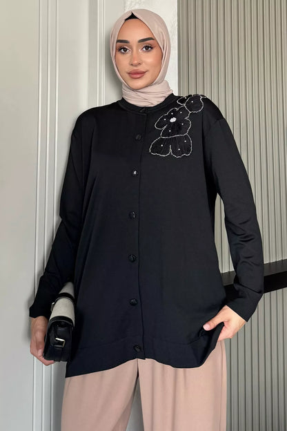Çiçek Figürlü Ön Düğmeli Tesettür Triko Hırka