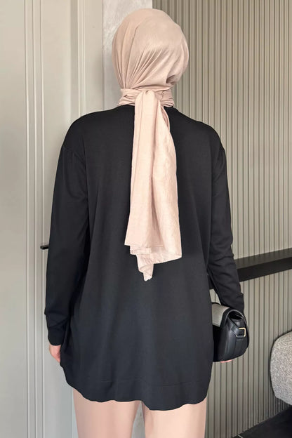 Çiçek Figürlü Ön Düğmeli Tesettür Triko Hırka