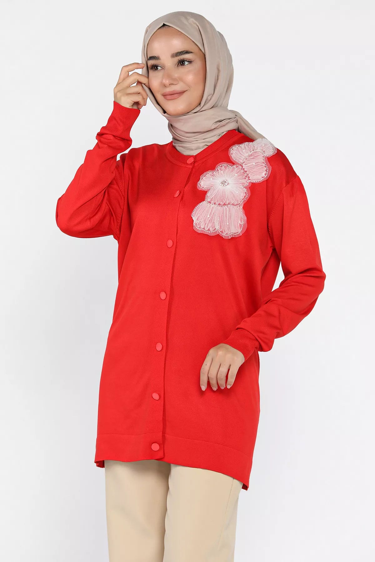 Çiçek Figürlü Ön Düğmeli Tesettür Triko Hırka