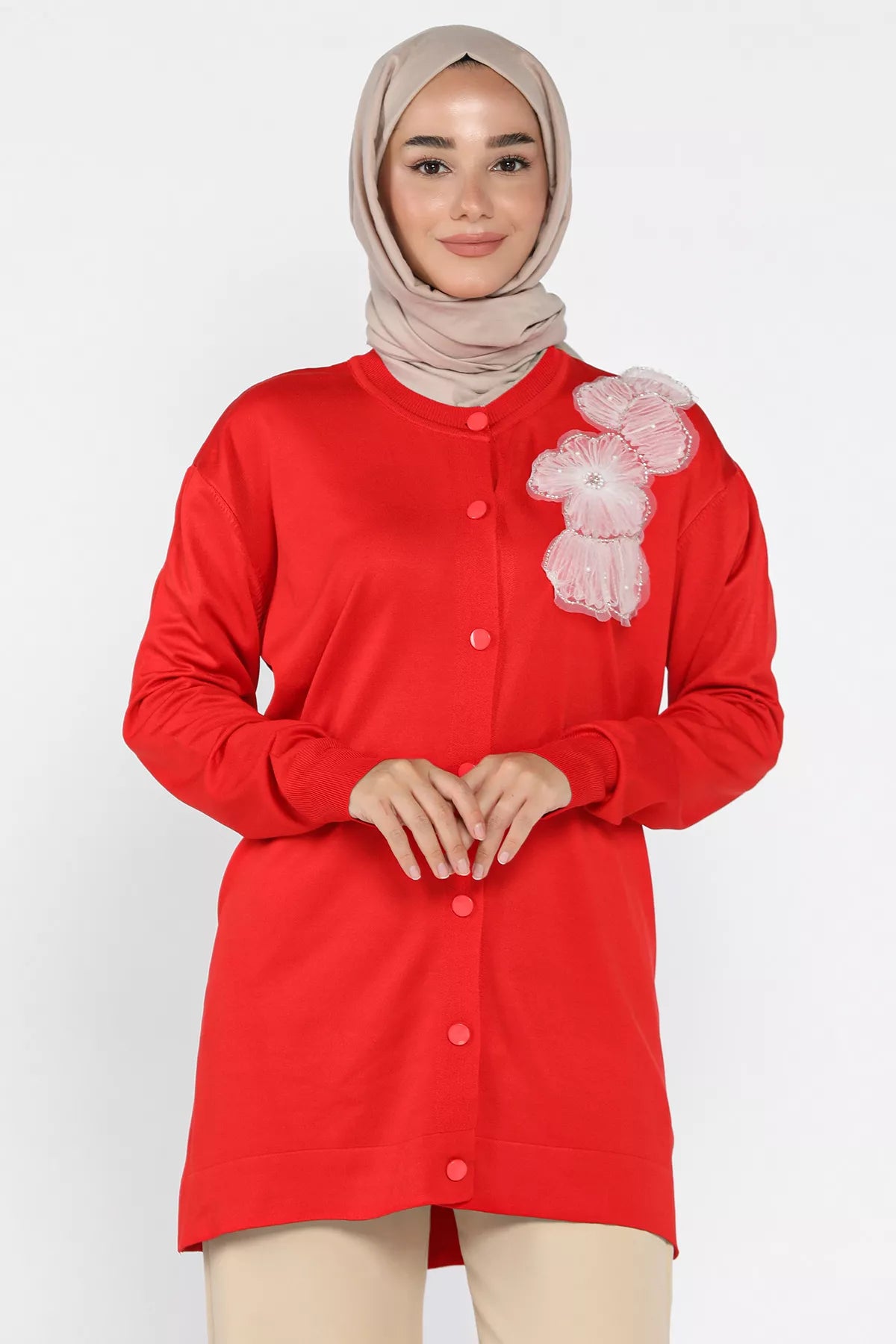 Çiçek Figürlü Ön Düğmeli Tesettür Triko Hırka