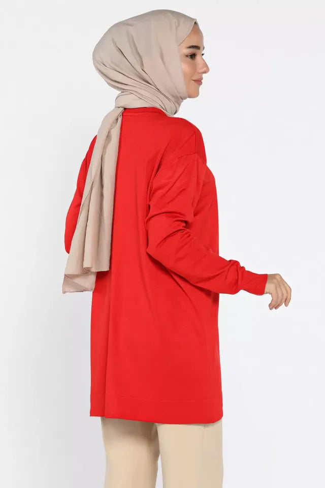 Çiçek Figürlü Ön Düğmeli Tesettür Triko Hırka