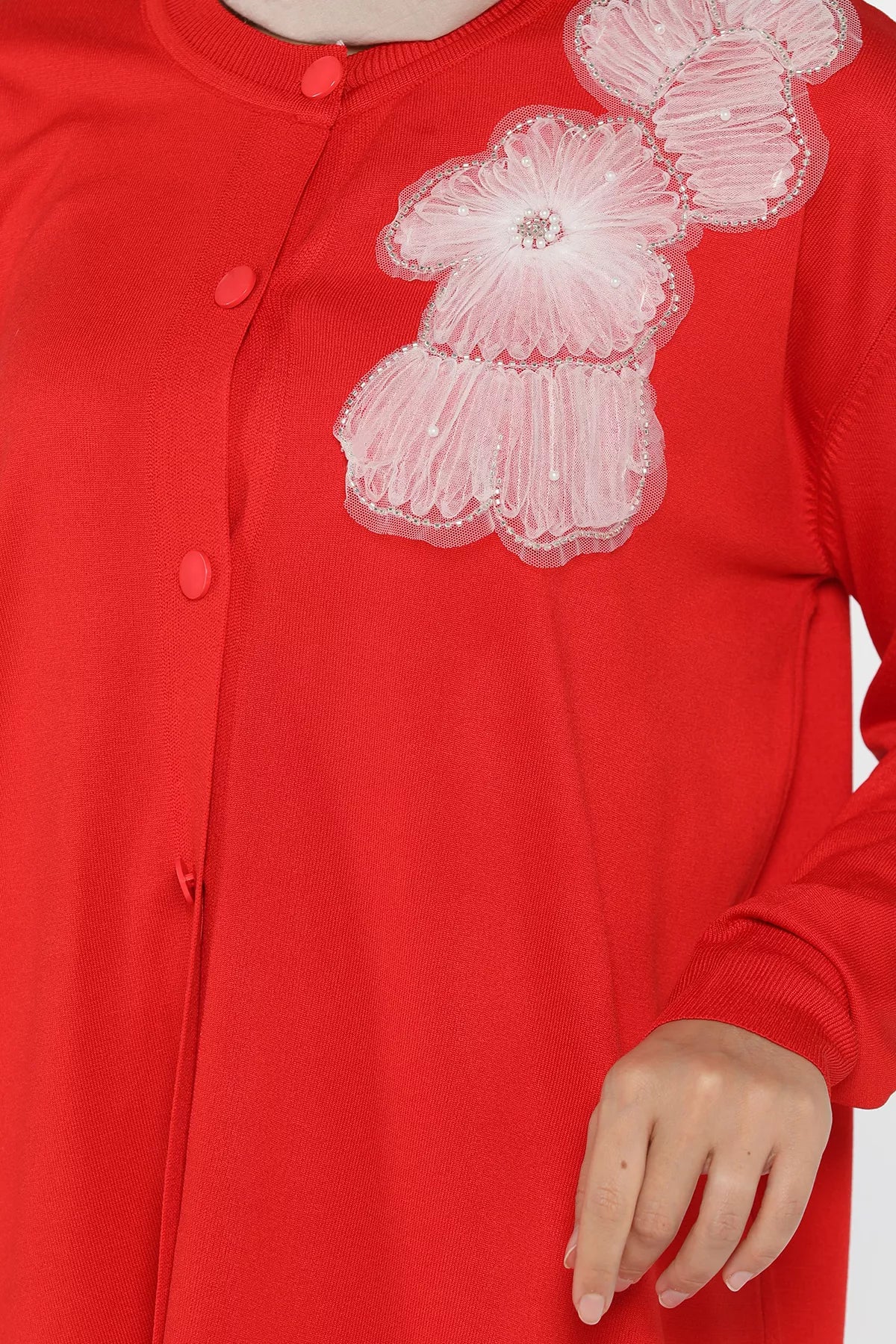 Çiçek Figürlü Ön Düğmeli Tesettür Triko Hırka