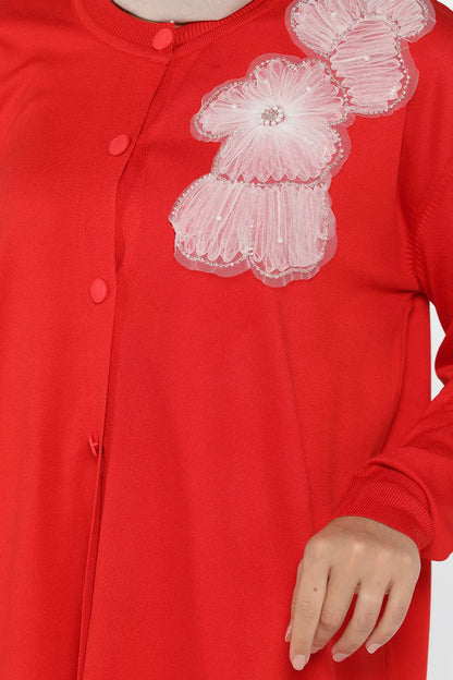 Çiçek Figürlü Ön Düğmeli Tesettür Triko Hırka