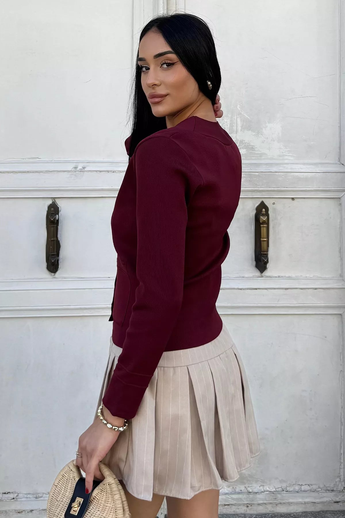 Çift Cepli Düğmeli Triko Ceket