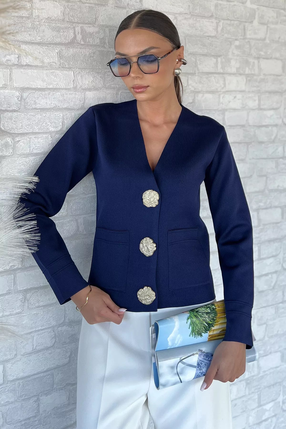 Çift Cepli Düğmeli Triko Ceket