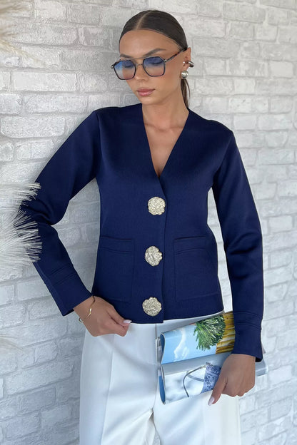 Çift Cepli Düğmeli Triko Ceket