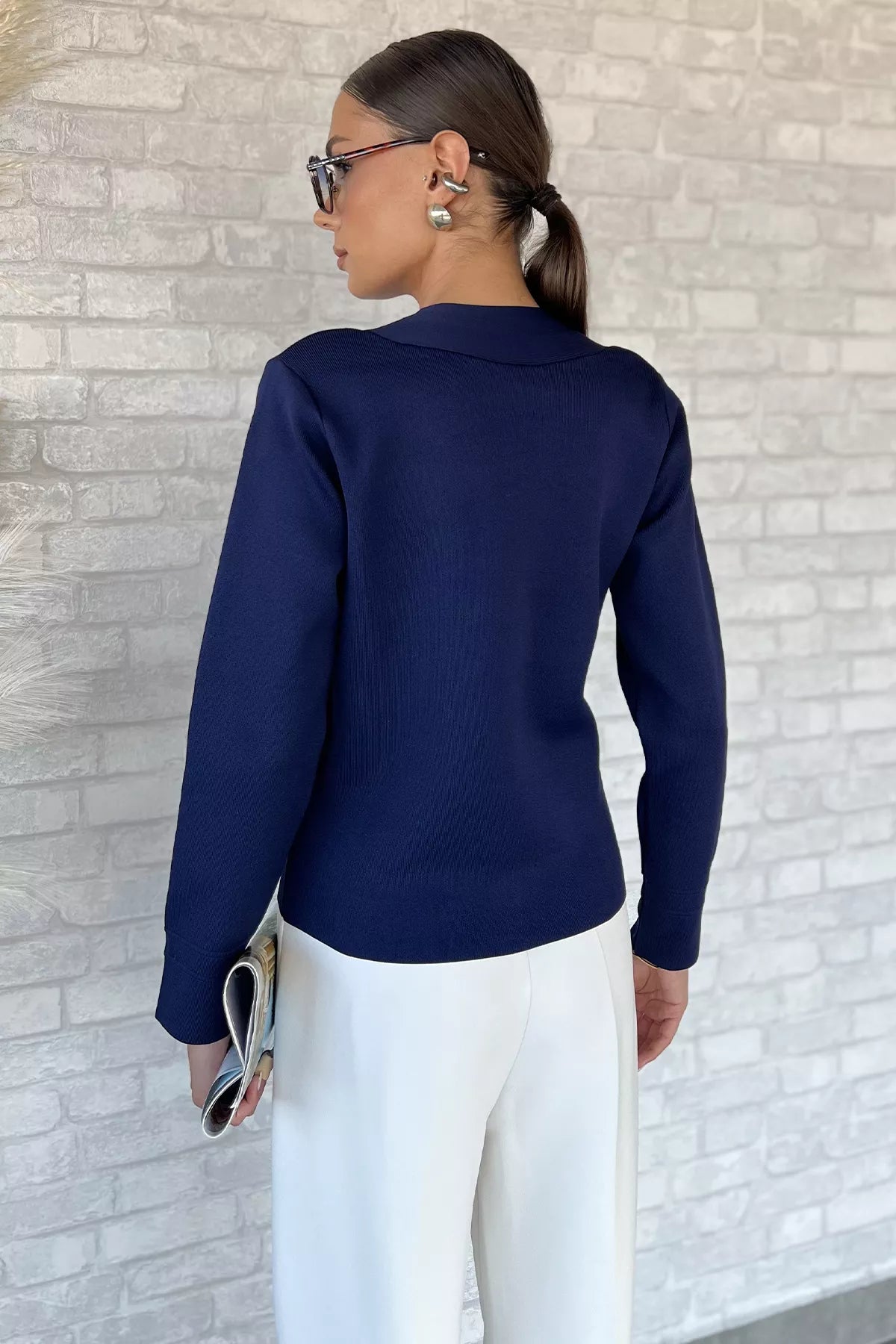 Çift Cepli Düğmeli Triko Ceket