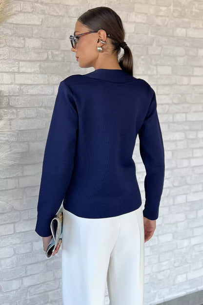 Çift Cepli Düğmeli Triko Ceket