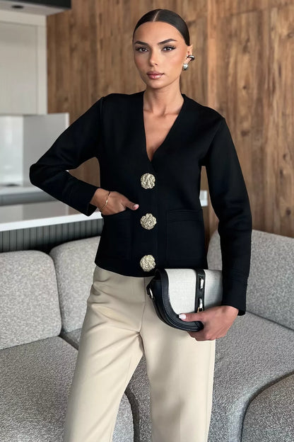 Çift Cepli Düğmeli Triko Ceket