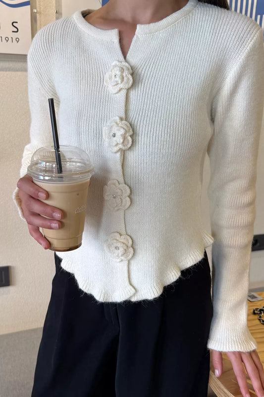 Çiçek Düğme Detaylı Triko Hırka