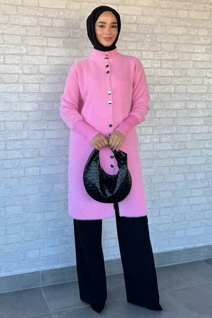 Gold Düğmeli Tesettür Yumoş Triko Hırka