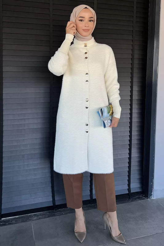 Gold Düğmeli Tesettür Yumoş Triko Hırka