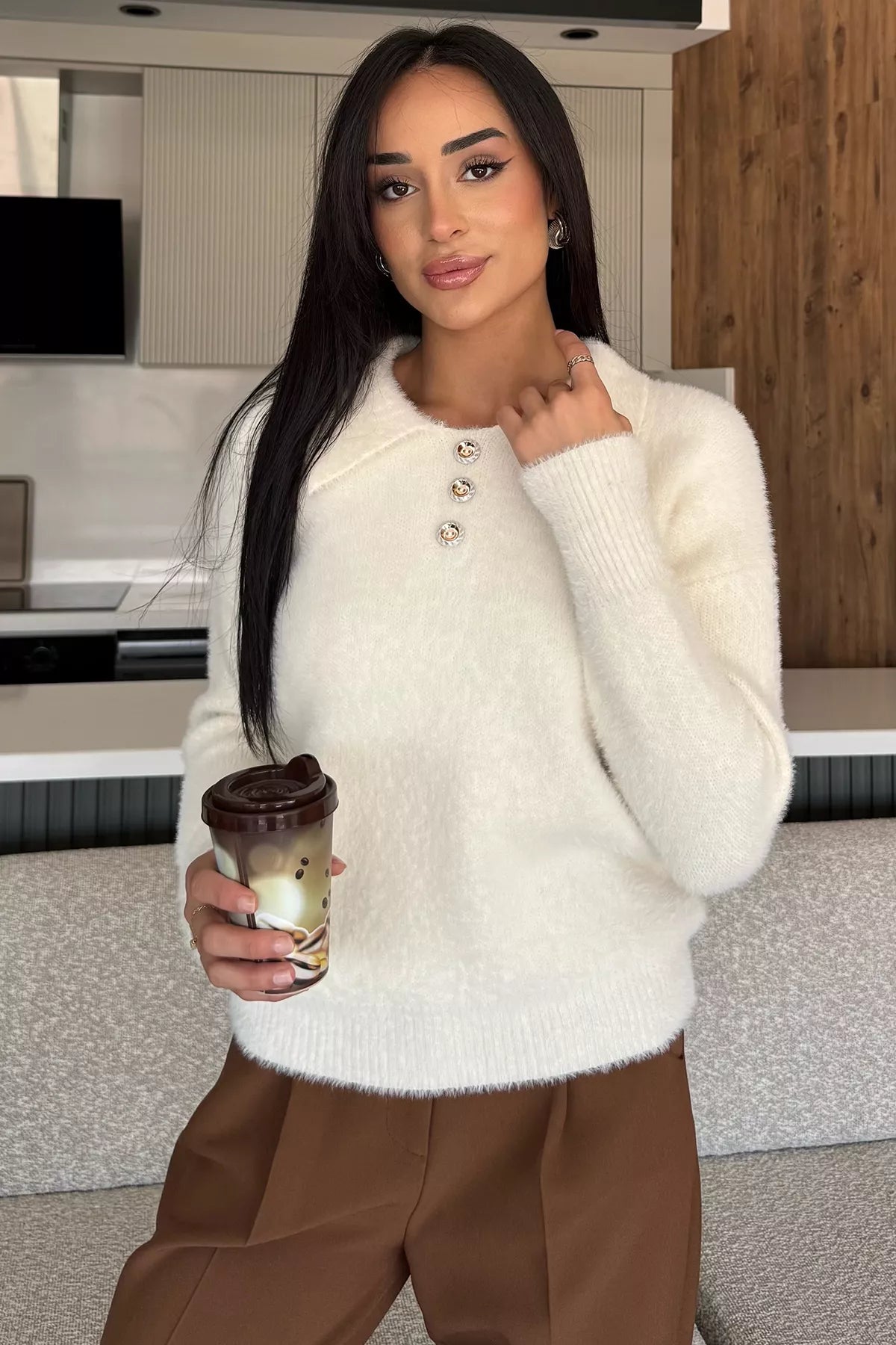 Gömlek Yaka Düğmeli Şardonlu Triko Kazak