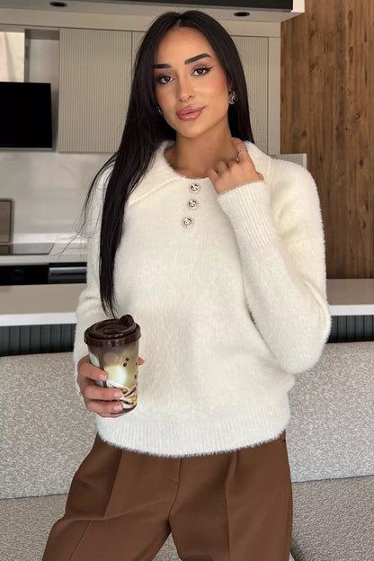 Gömlek Yaka Düğmeli Şardonlu Triko Kazak