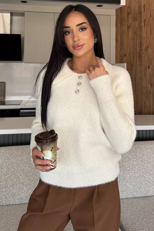 Gömlek Yaka Düğmeli Şardonlu Triko Kazak