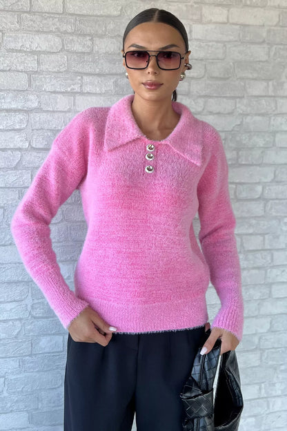 Gömlek Yaka Düğmeli Şardonlu Triko Kazak