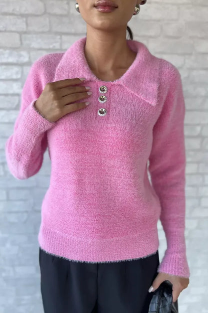 Gömlek Yaka Düğmeli Şardonlu Triko Kazak