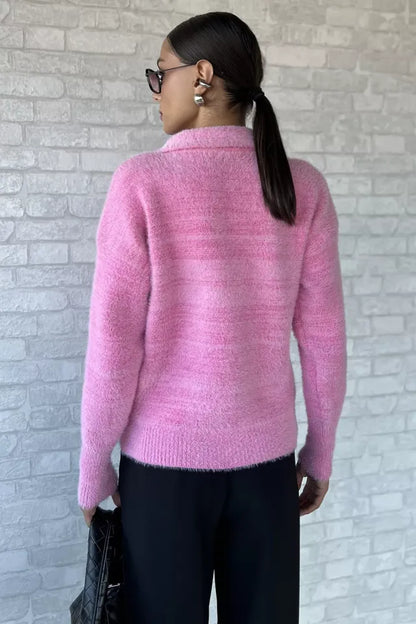 Gömlek Yaka Düğmeli Şardonlu Triko Kazak