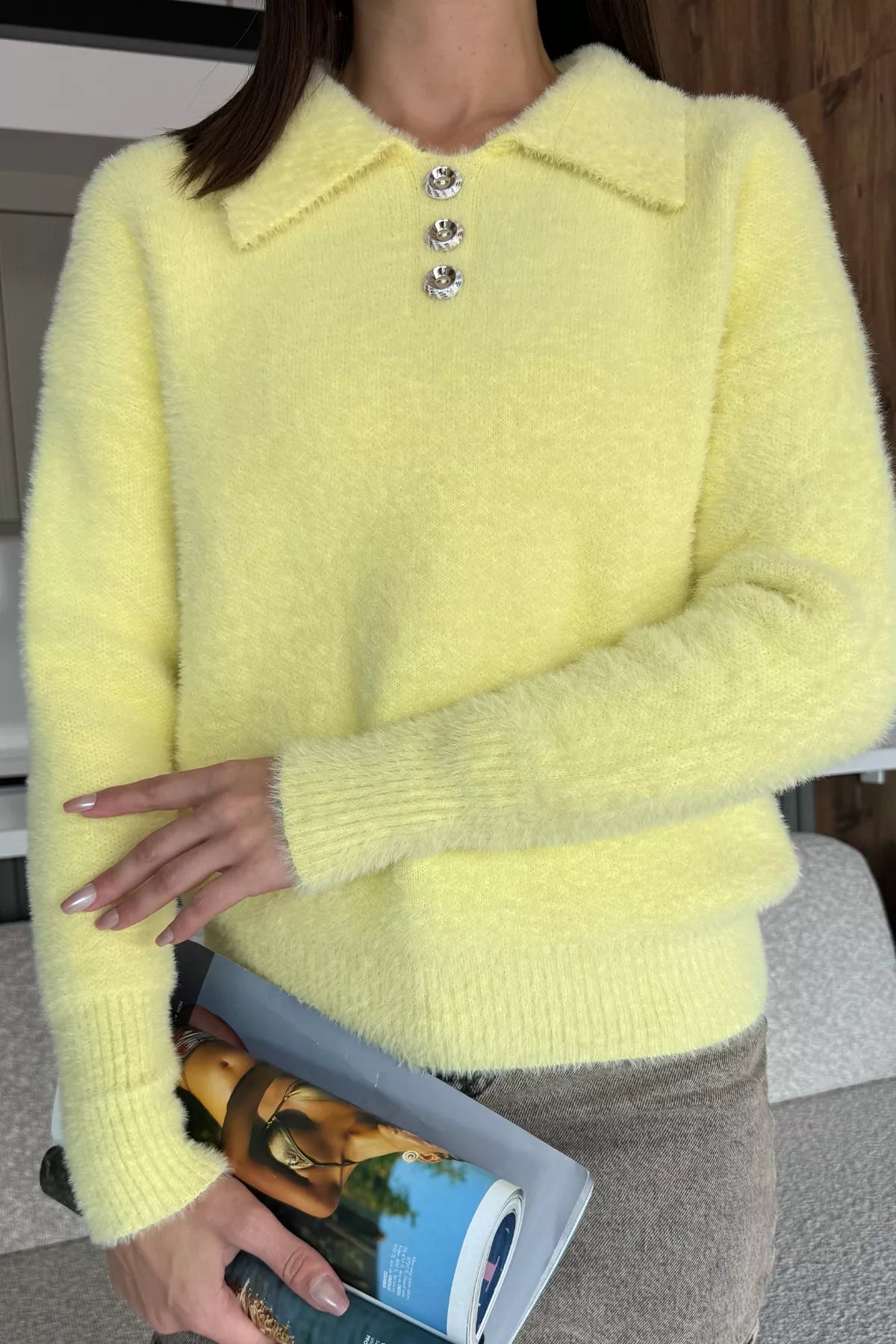 Gömlek Yaka Düğmeli Şardonlu Triko Kazak