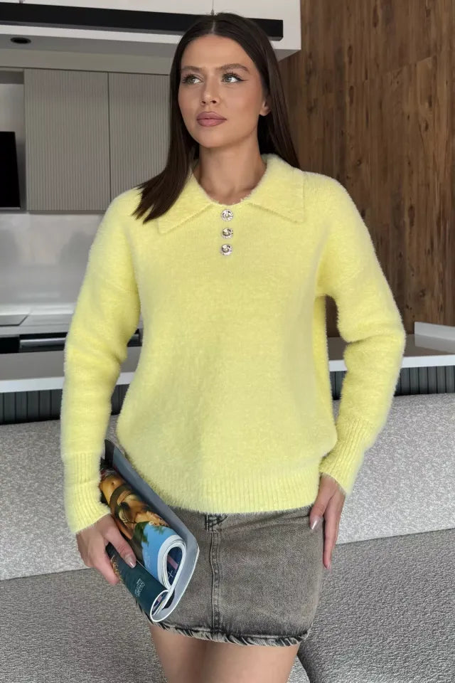 Gömlek Yaka Düğmeli Şardonlu Triko Kazak