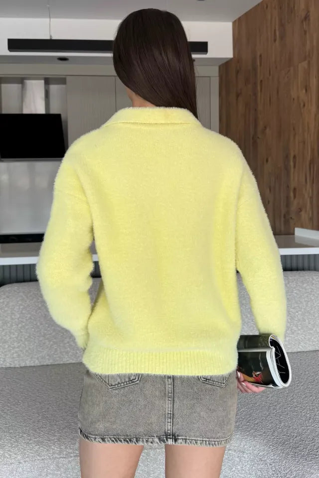 Gömlek Yaka Düğmeli Şardonlu Triko Kazak