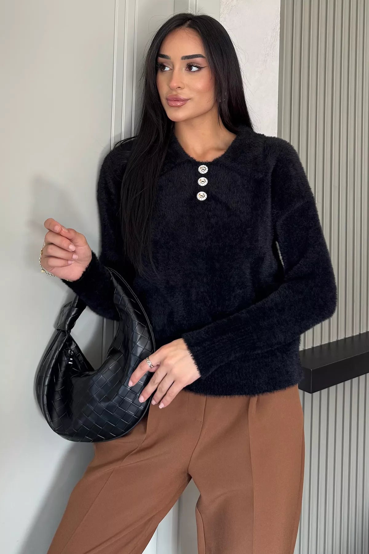 Gömlek Yaka Düğmeli Şardonlu Triko Kazak