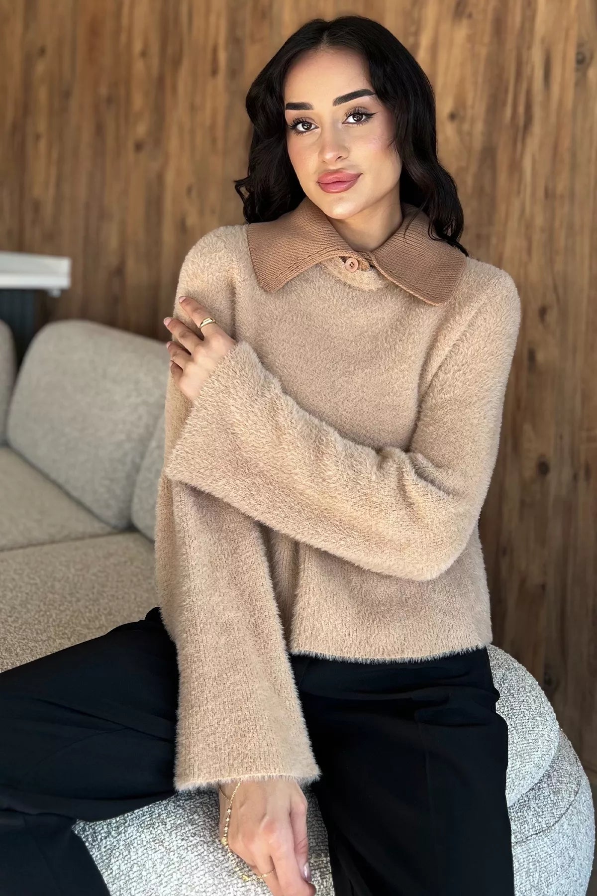 Gömlek Yaka Şardonlu Triko Bluz