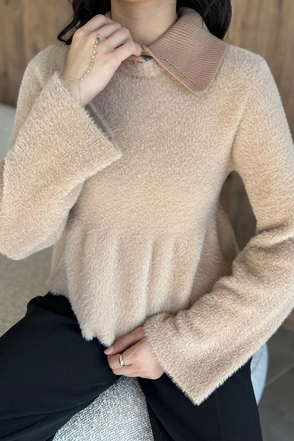 Gömlek Yaka Şardonlu Triko Bluz