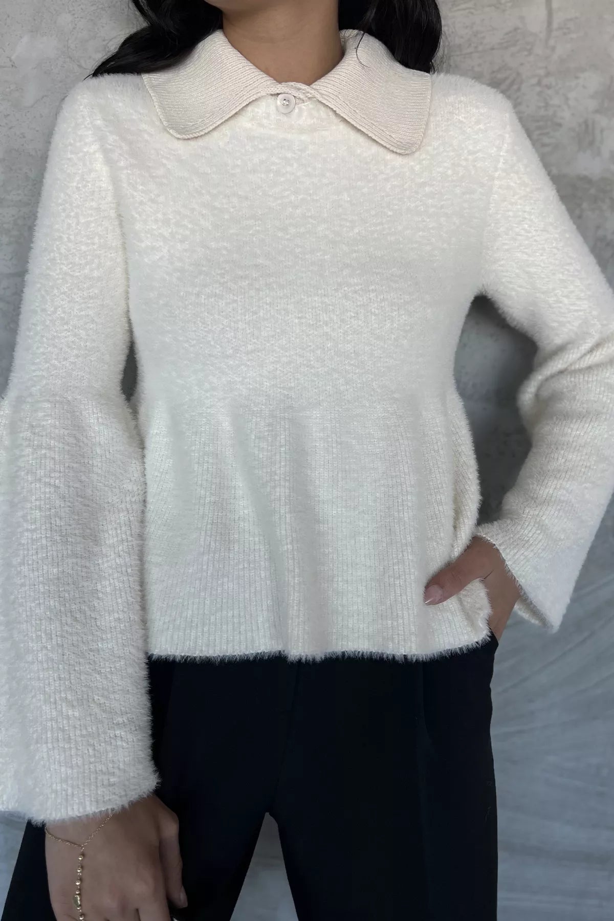 Gömlek Yaka Şardonlu Triko Bluz