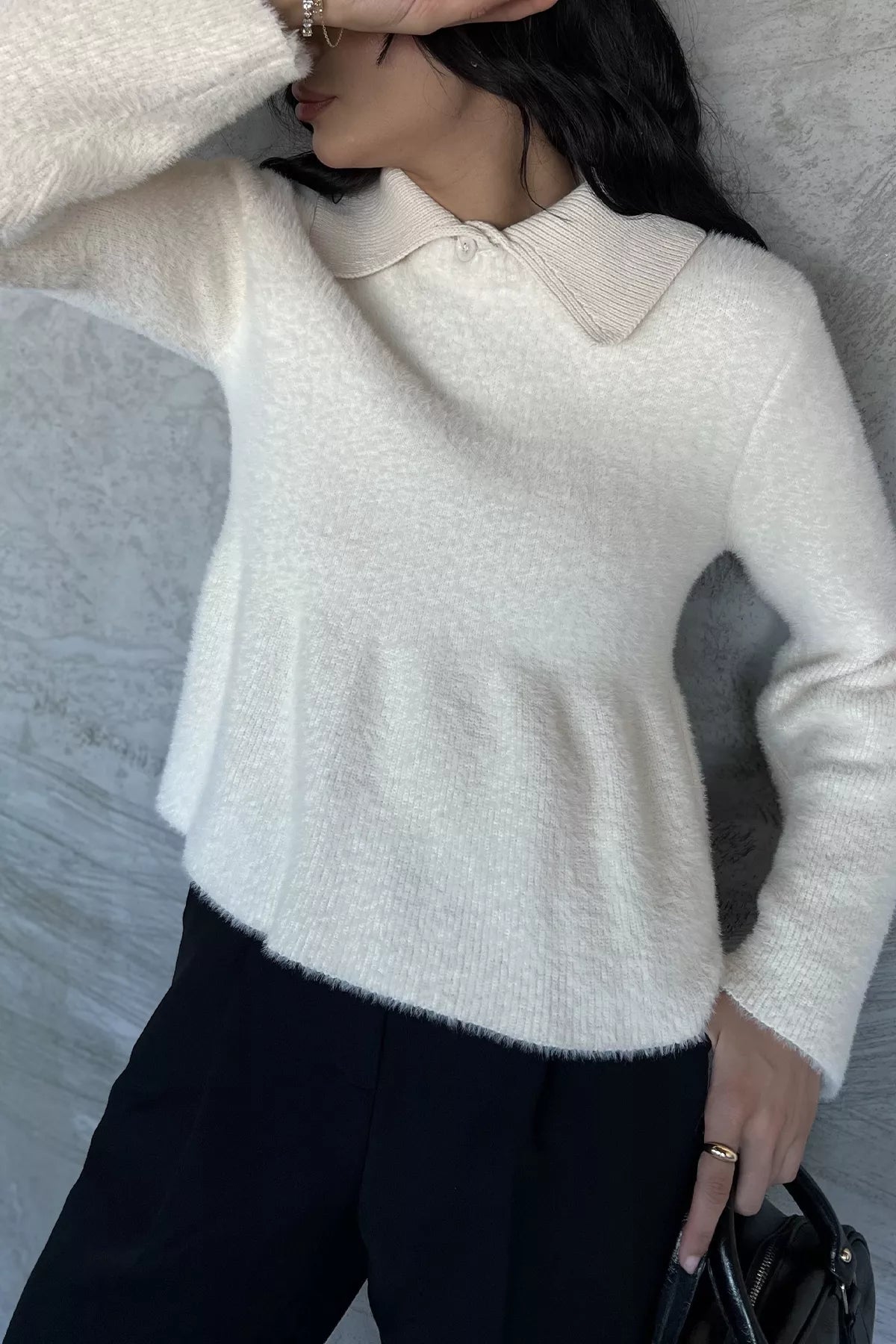 Gömlek Yaka Şardonlu Triko Bluz