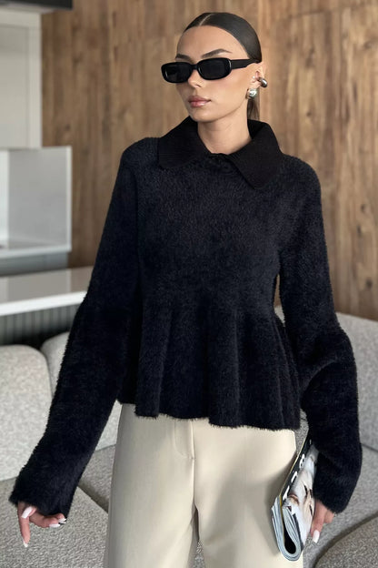 Gömlek Yaka Şardonlu Triko Bluz