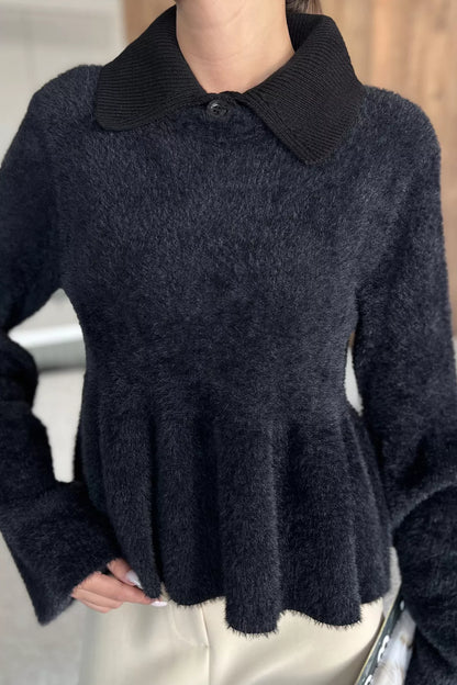 Gömlek Yaka Şardonlu Triko Bluz