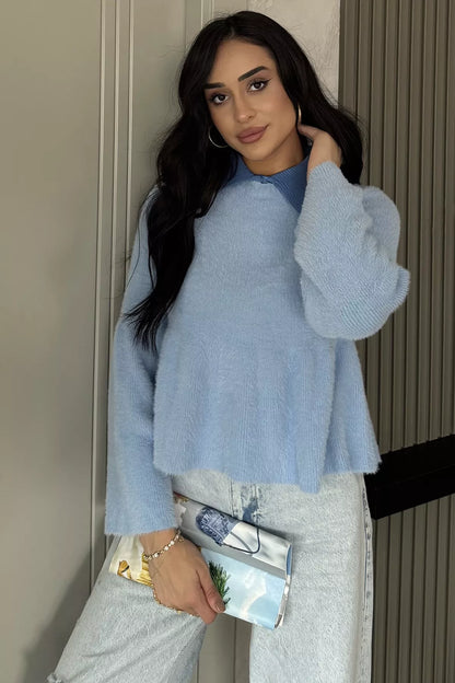 Gömlek Yaka Şardonlu Triko Bluz