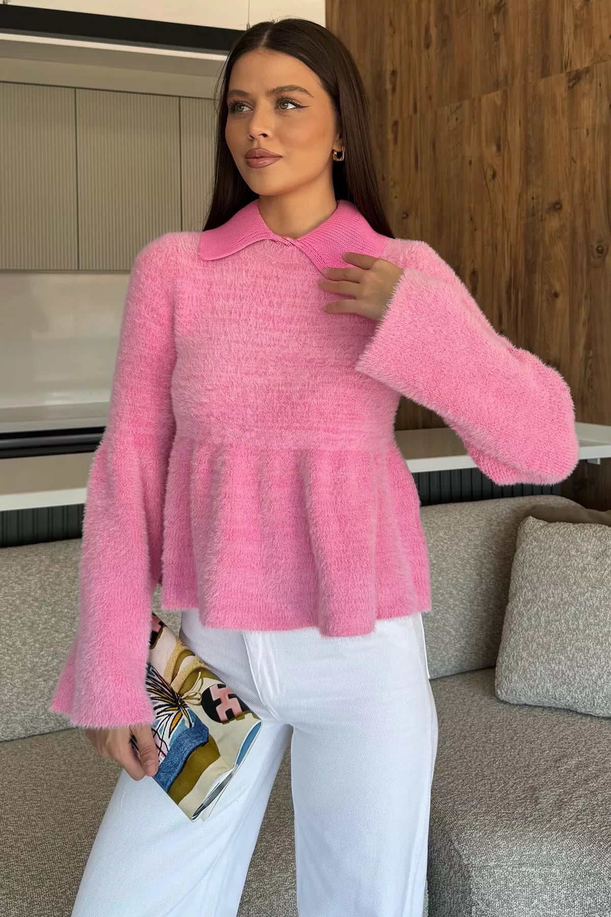 Gömlek Yaka Şardonlu Triko Bluz