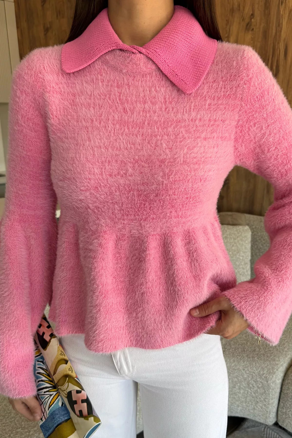 Gömlek Yaka Şardonlu Triko Bluz