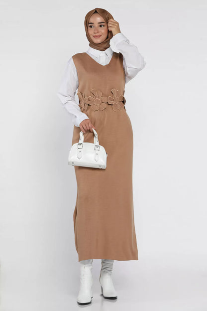 Gül Figürlü Triko Elbise Gömlek Tesettür İkili Takım