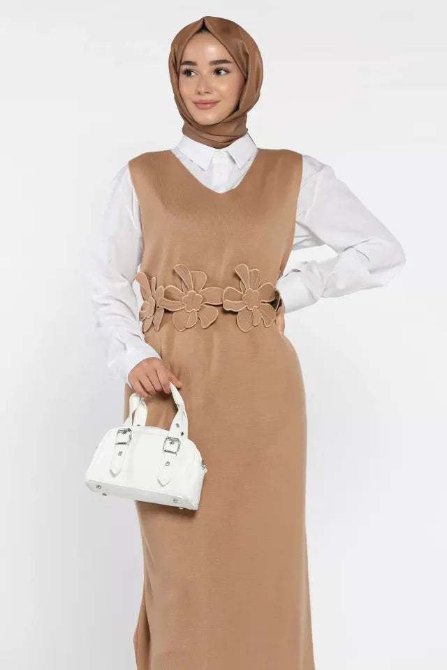 Gül Figürlü Triko Elbise Gömlek Tesettür İkili Takım