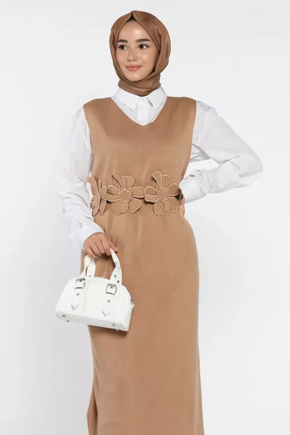 Gül Figürlü Triko Elbise Gömlek Tesettür İkili Takım