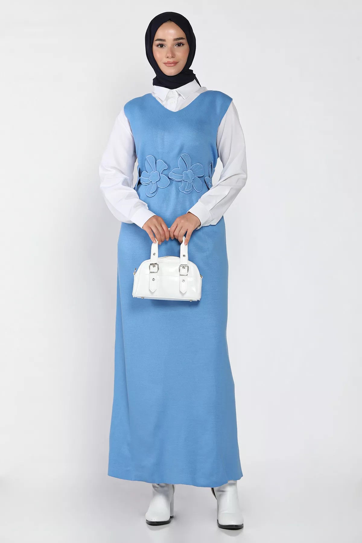 Gül Figürlü Triko Elbise Gömlek Tesettür İkili Takım