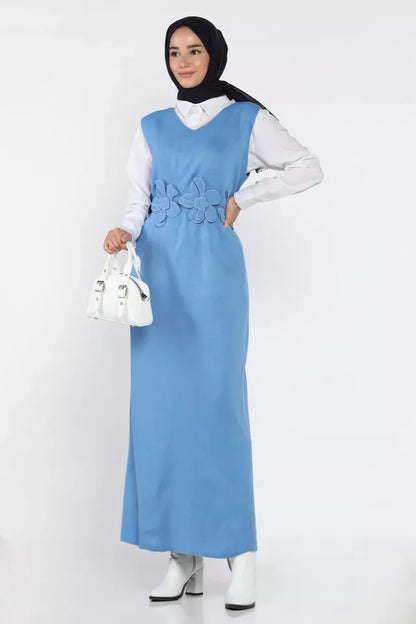 Gül Figürlü Triko Elbise Gömlek Tesettür İkili Takım