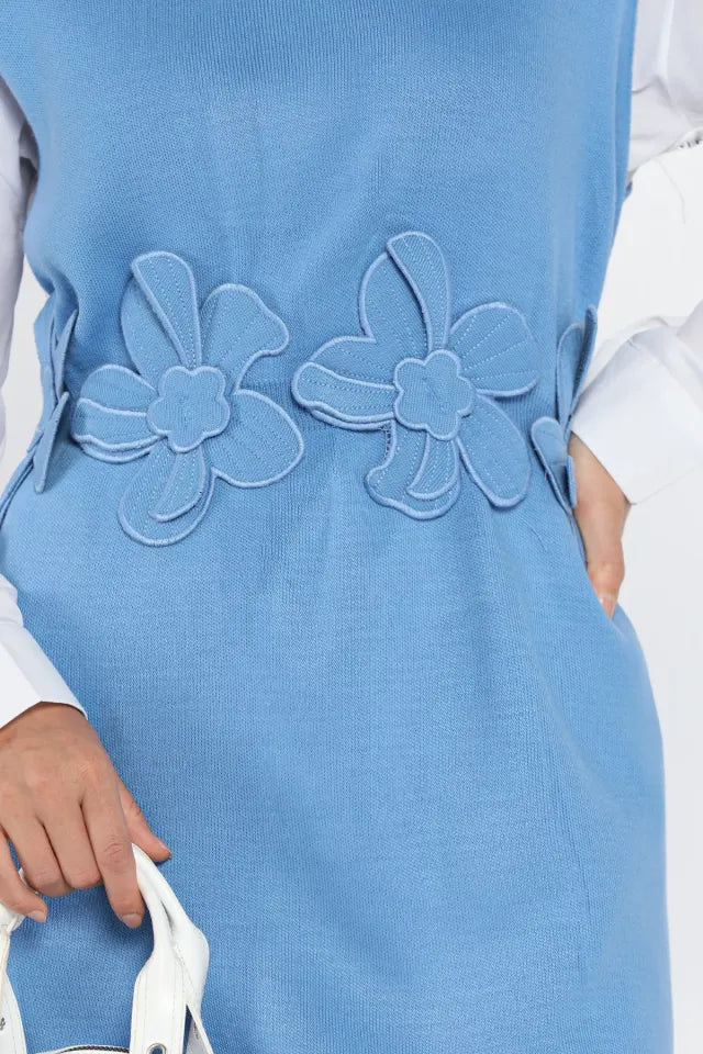 Gül Figürlü Triko Elbise Gömlek Tesettür İkili Takım