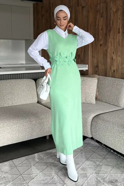 Gül Figürlü Triko Elbise Gömlek Tesettür İkili Takım