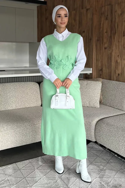 Gül Figürlü Triko Elbise Gömlek Tesettür İkili Takım