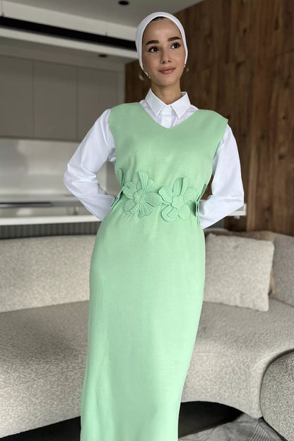 Gül Figürlü Triko Elbise Gömlek Tesettür İkili Takım