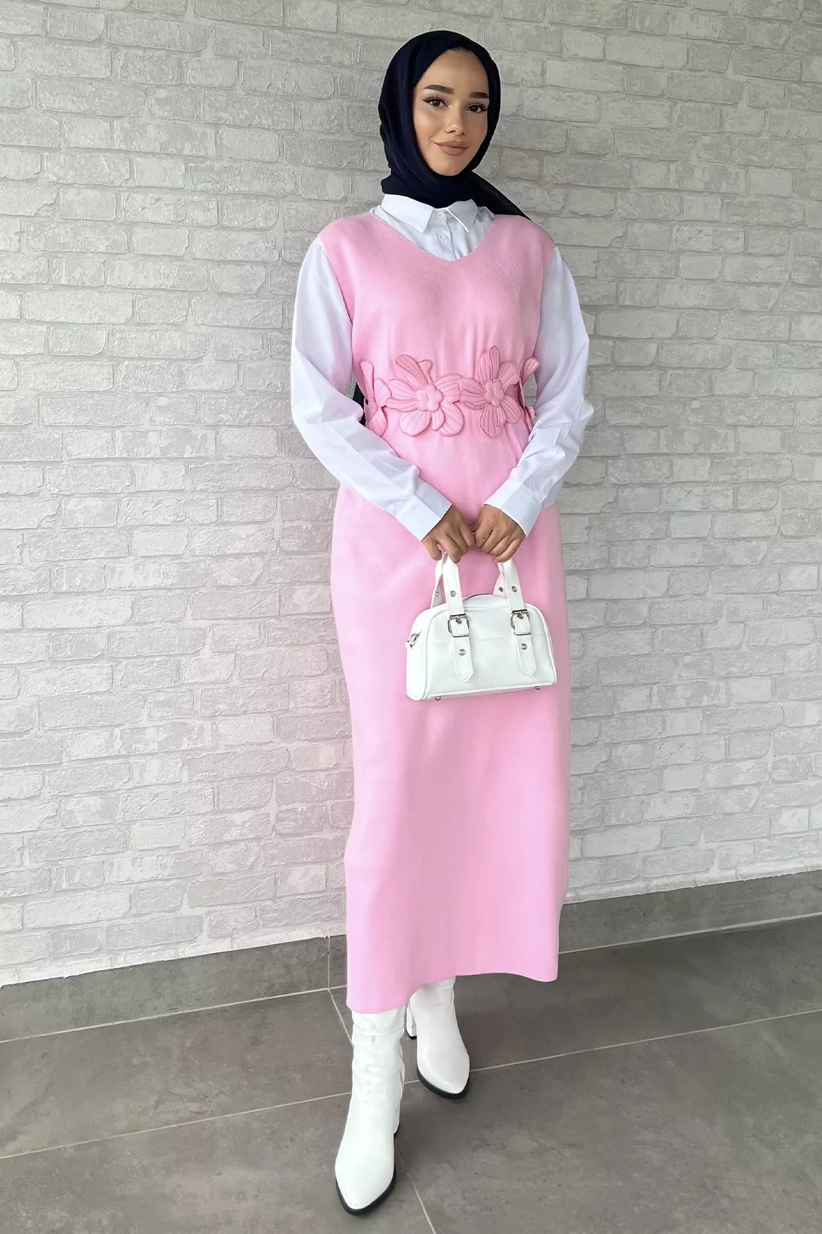 Gül Figürlü Triko Elbise Gömlek Tesettür İkili Takım