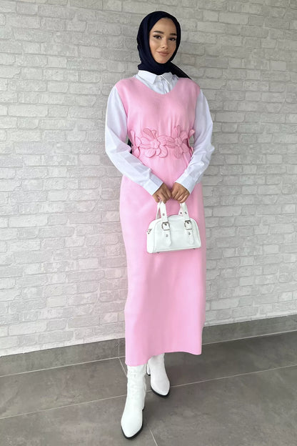 Gül Figürlü Triko Elbise Gömlek Tesettür İkili Takım